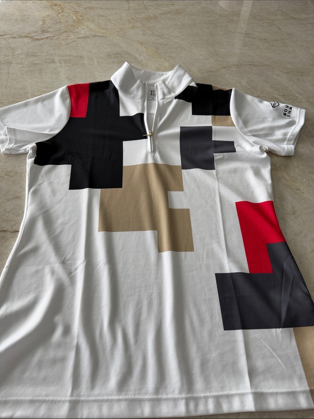 Geometric Quarter-Zip Long Sleeve Polo - White with Red/Black/Tan Accents